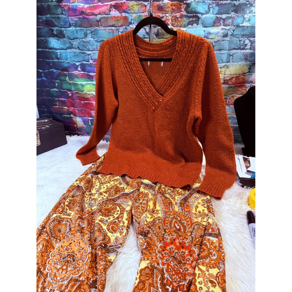 Boho Paisley Print Wide Leg Pants Orange Yellow Elastic Drawstring Waist Trouser